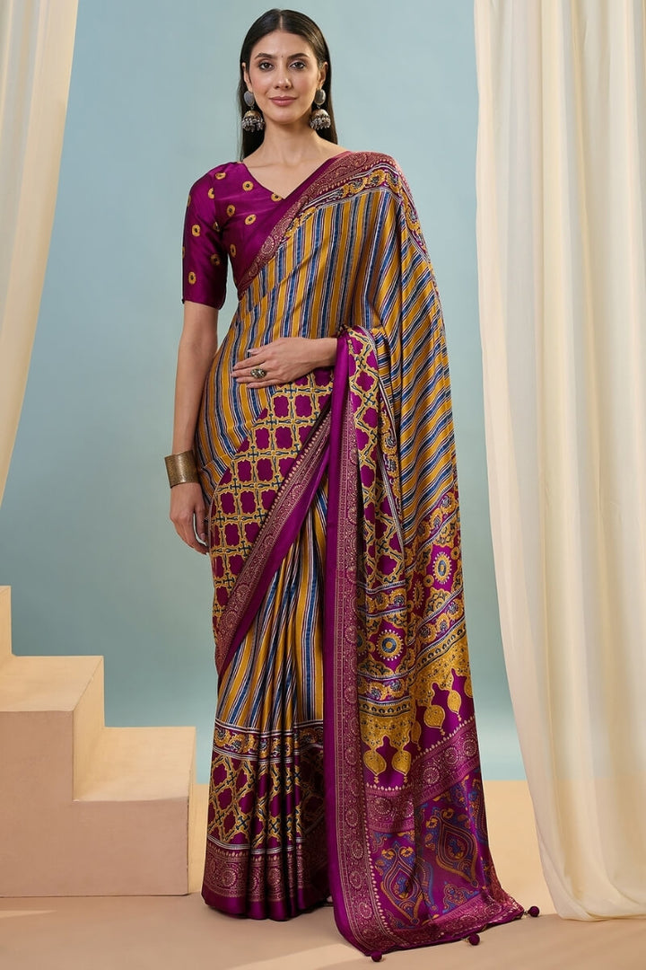 Wine and Yellow Ajrakh Printed Satin Silk Saree