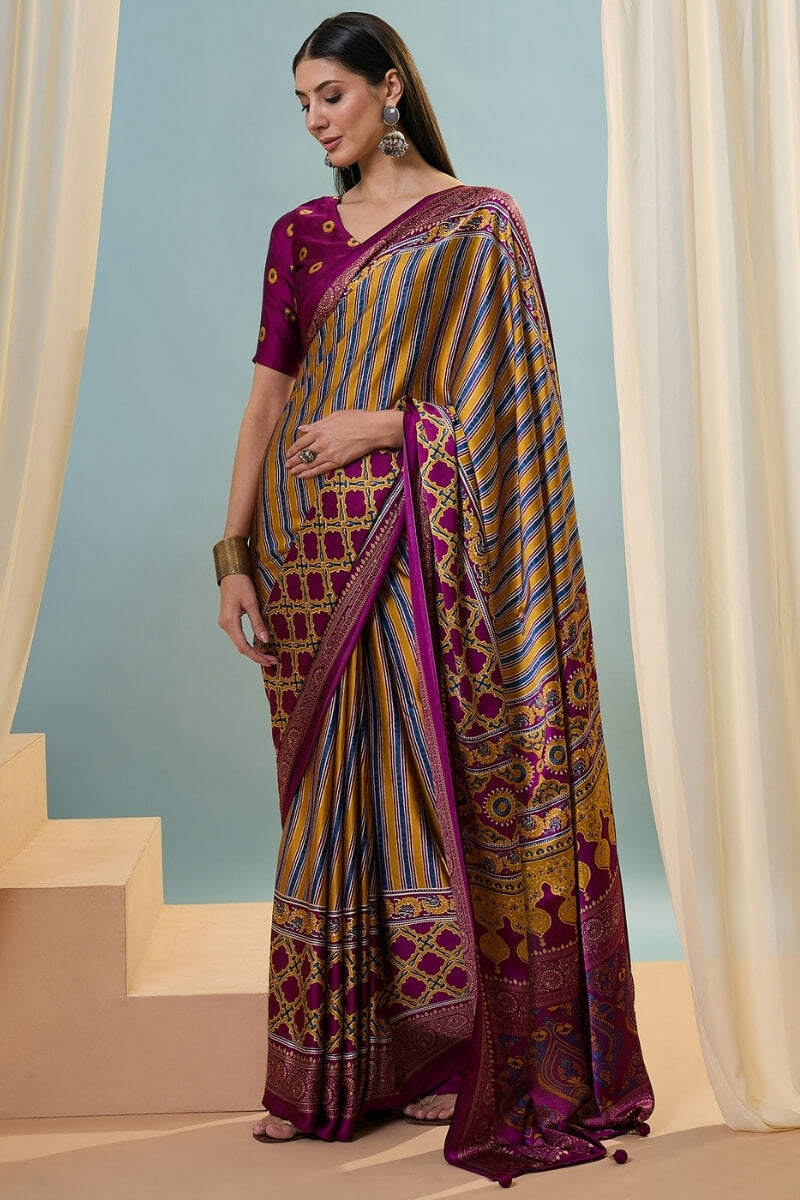 Wine and Yellow Ajrakh Printed Satin Silk Saree