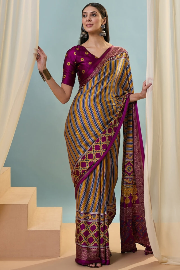 Wine and Yellow Ajrakh Printed Satin Silk Saree