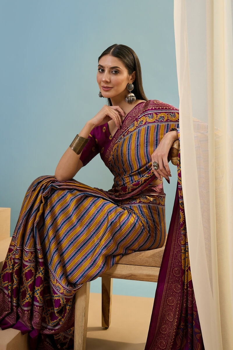 Wine and Yellow Ajrakh Printed Satin Silk Saree