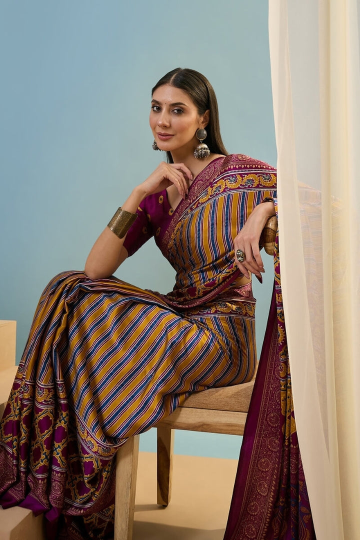 Wine and Yellow Ajrakh Printed Satin Silk Saree