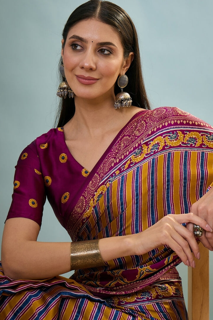 Wine and Yellow Ajrakh Printed Satin Silk Saree