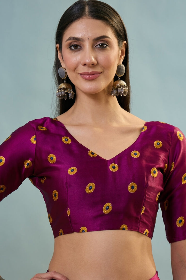 Wine and Yellow Ajrakh Printed Satin Silk Saree