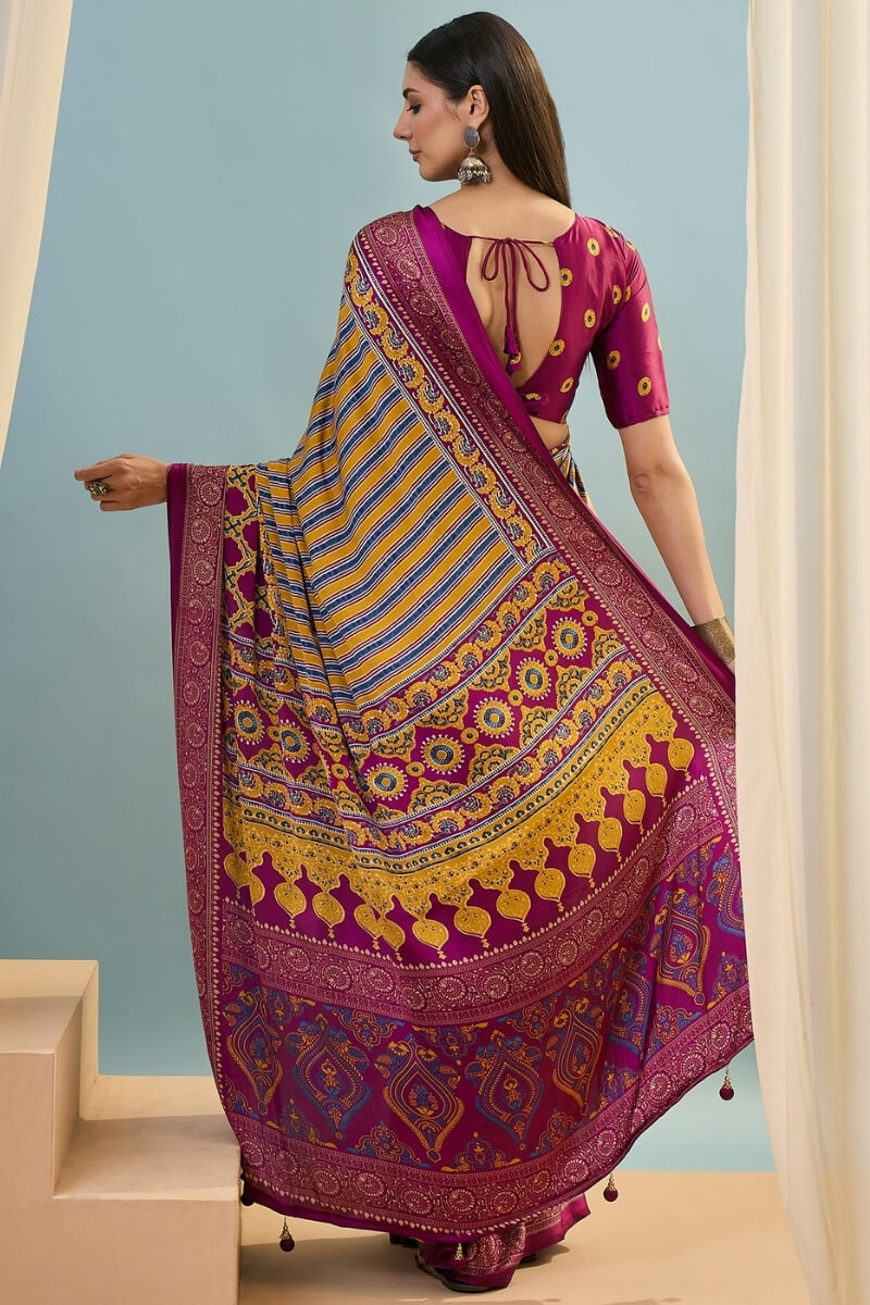 Wine and Yellow Ajrakh Printed Satin Silk Saree