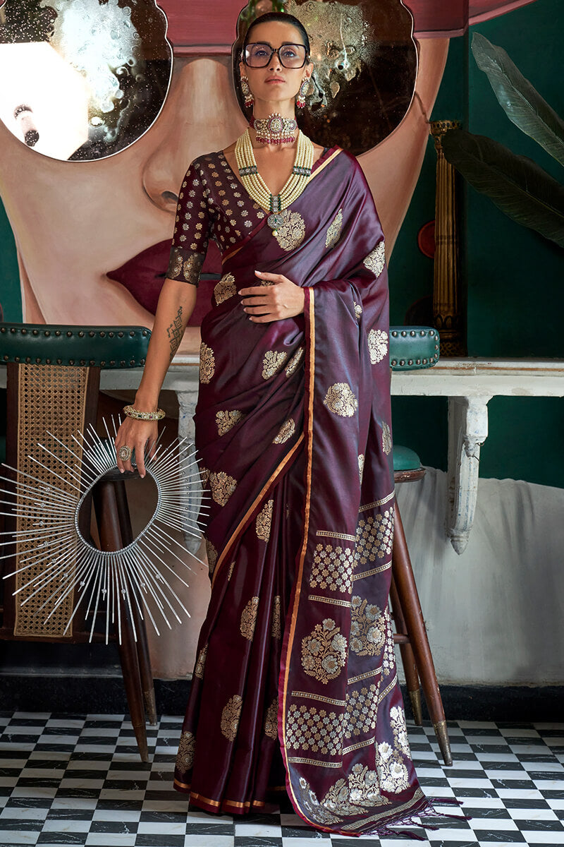 Wine Berry Banarasi Satin Silk Saree