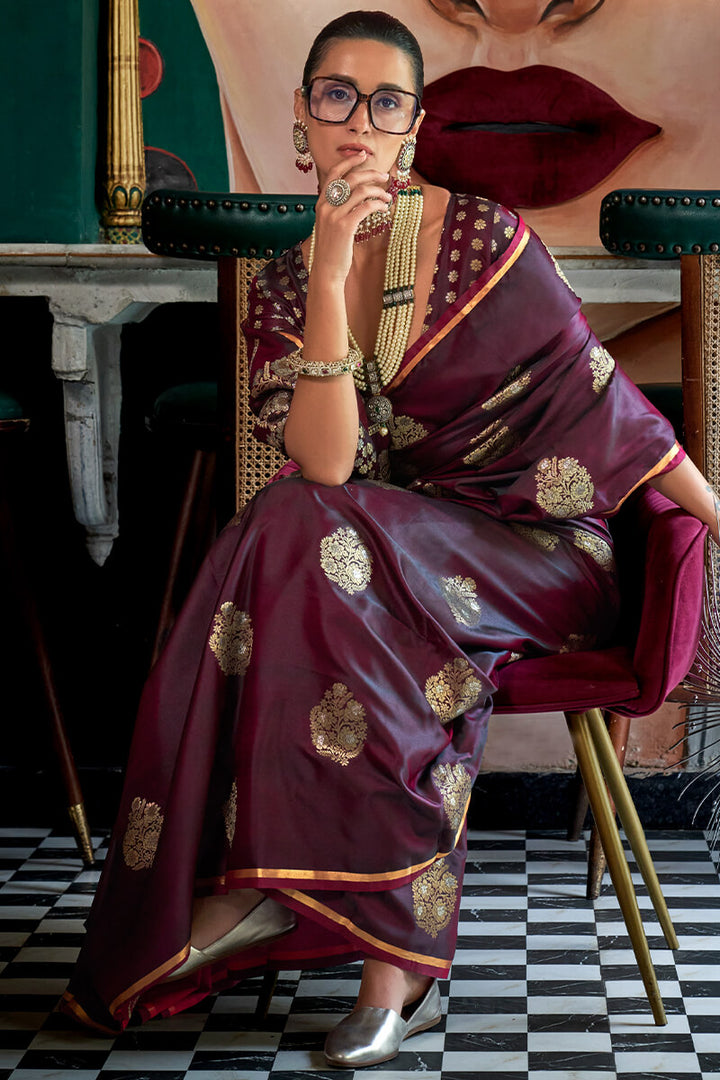 Wine Berry Banarasi Satin Silk Saree