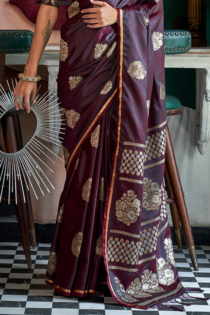 Wine Berry Banarasi Satin Silk Saree