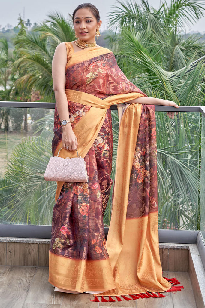 Wine Berry Printed Organza Silk Saree