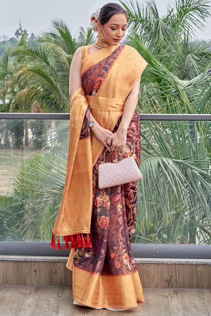 Wine Berry Printed Organza Silk Saree