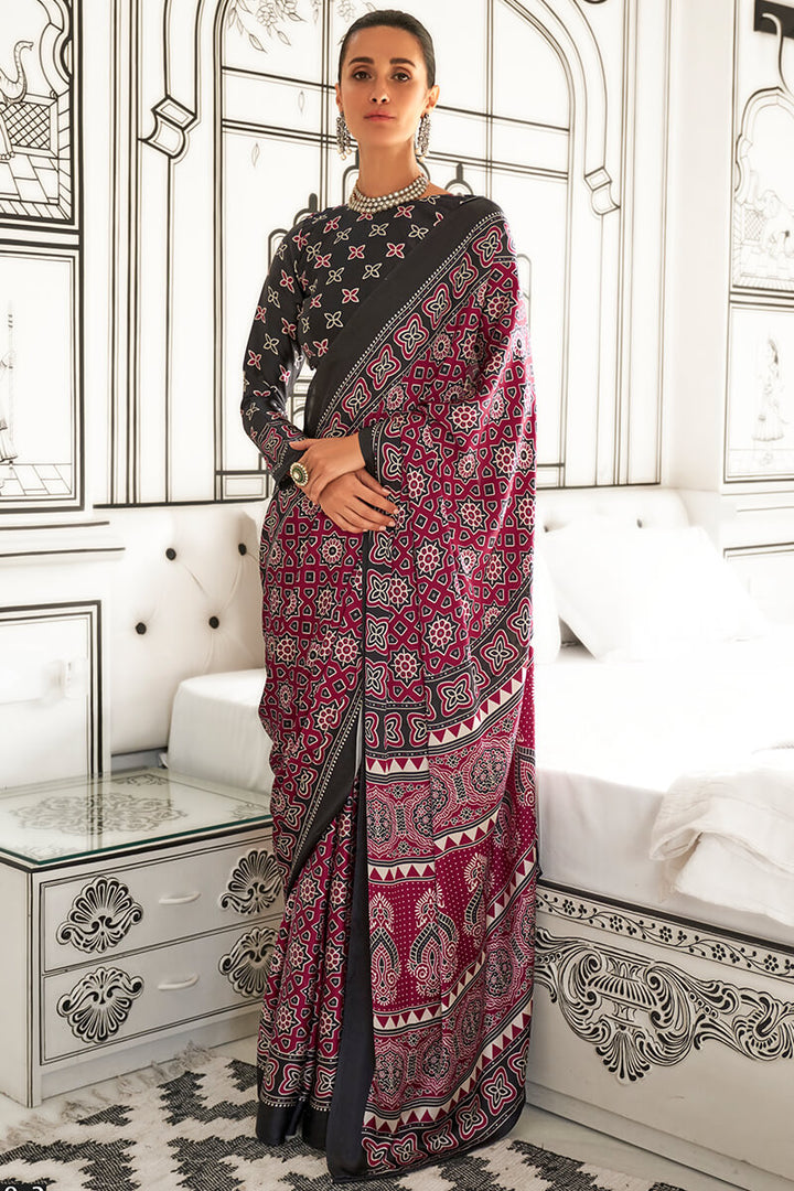 Wine Red Ajrakh Printed Satin Silk Saree