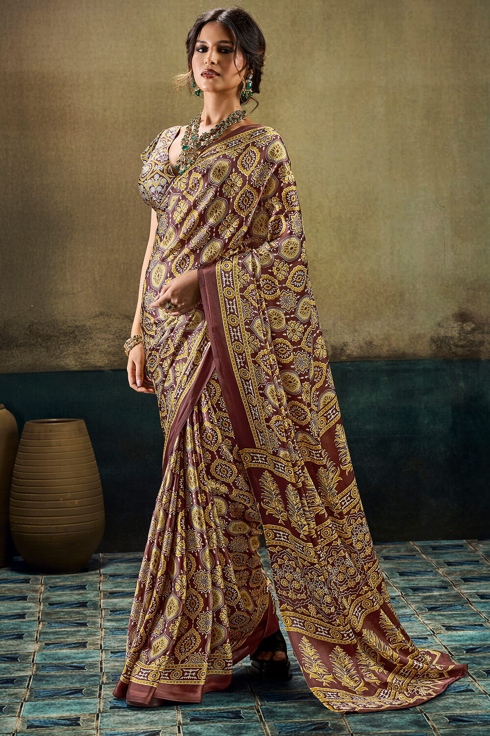 Wood Brown Ajrakh Printed Semi Modal Satin Silk Saree