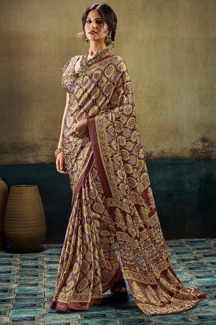 Wood Brown Ajrakh Printed Semi Modal Satin Silk Saree