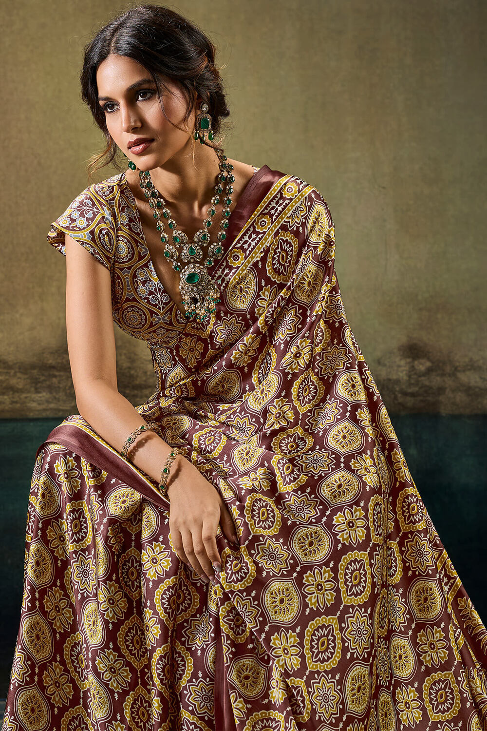 Wood Brown Ajrakh Printed Semi Modal Satin Silk Saree