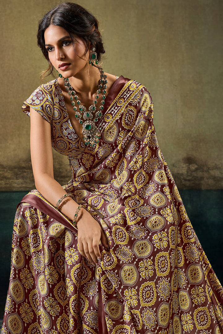 Wood Brown Ajrakh Printed Semi Modal Satin Silk Saree