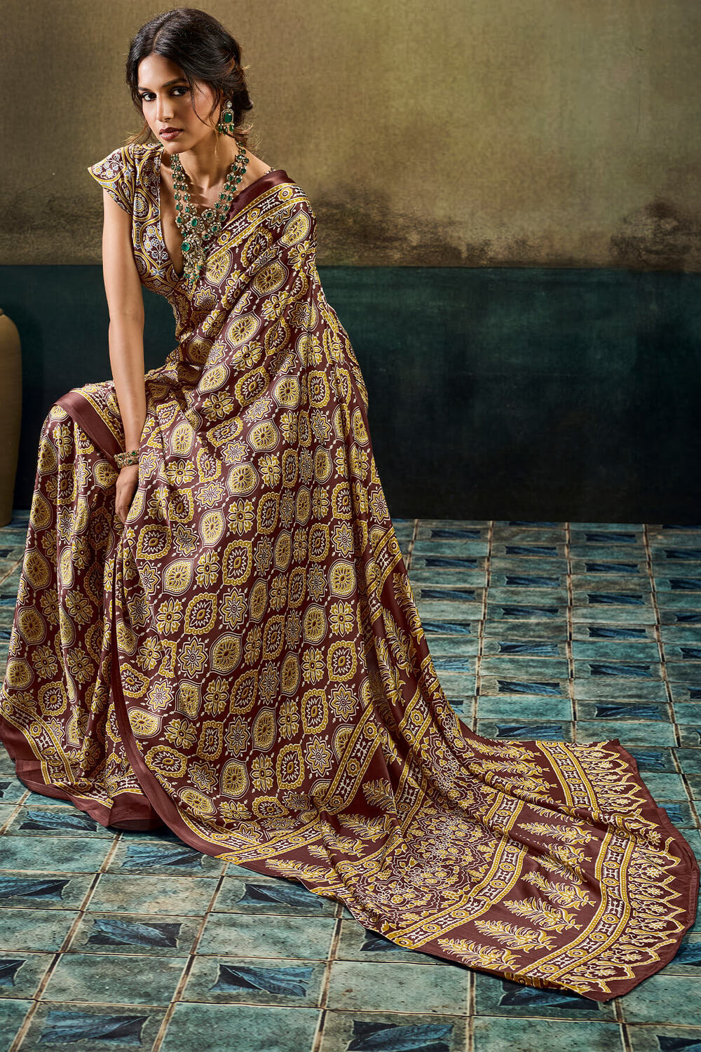 Wood Brown Ajrakh Printed Semi Modal Satin Silk Saree