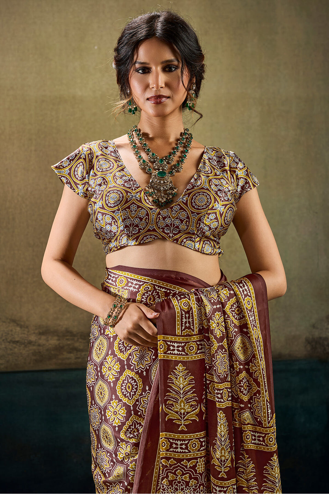 Wood Brown Ajrakh Printed Semi Modal Satin Silk Saree