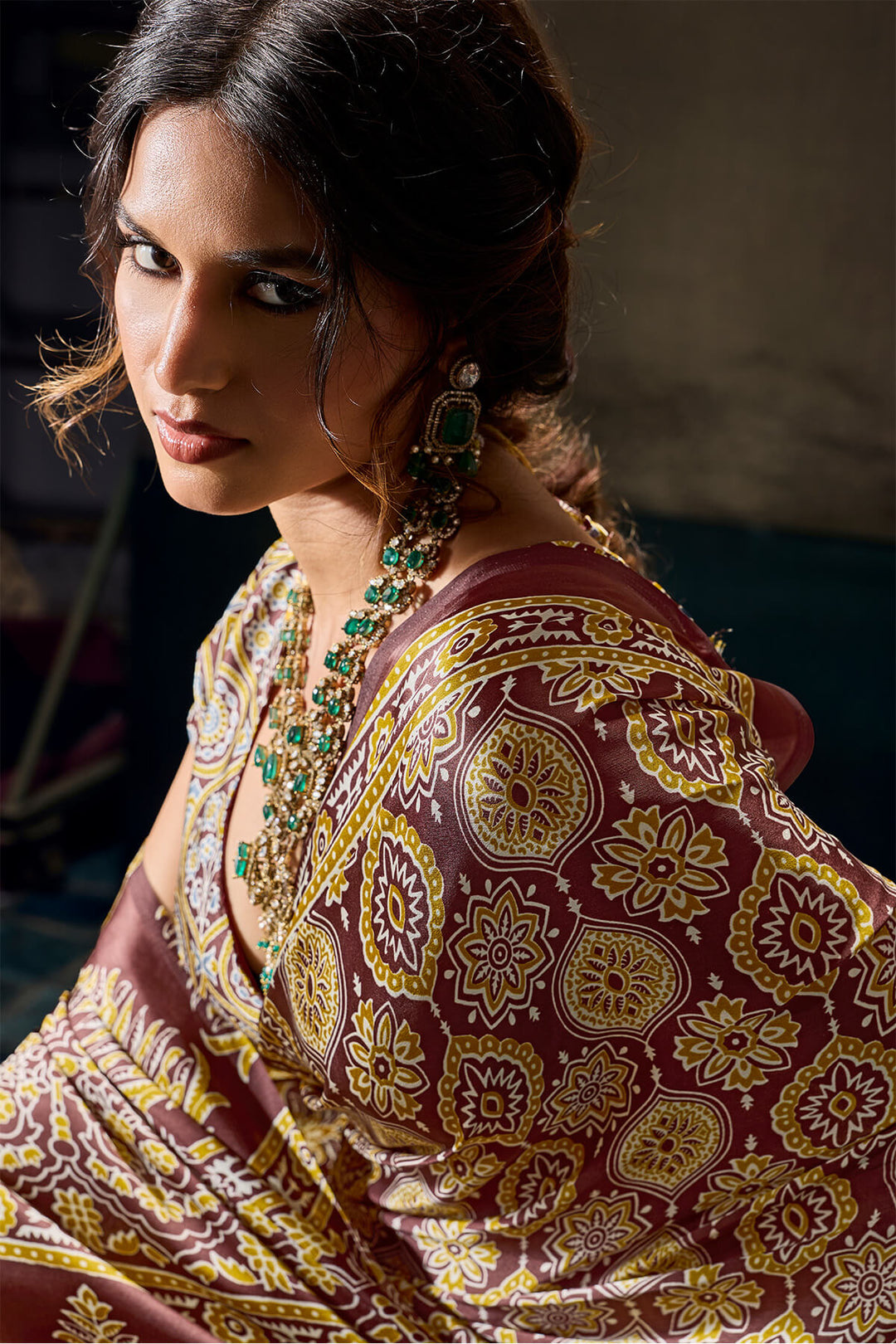 Wood Brown Ajrakh Printed Semi Modal Satin Silk Saree