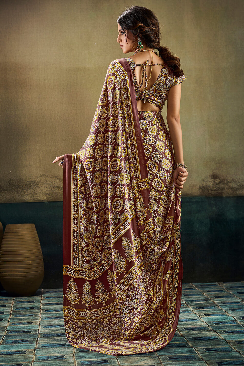 Wood Brown Ajrakh Printed Semi Modal Satin Silk Saree
