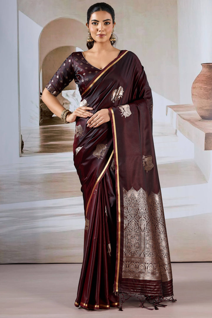 Woody Brown Banarasi Satin Silk Saree