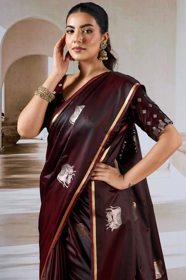 Woody Brown Banarasi Satin Silk Saree
