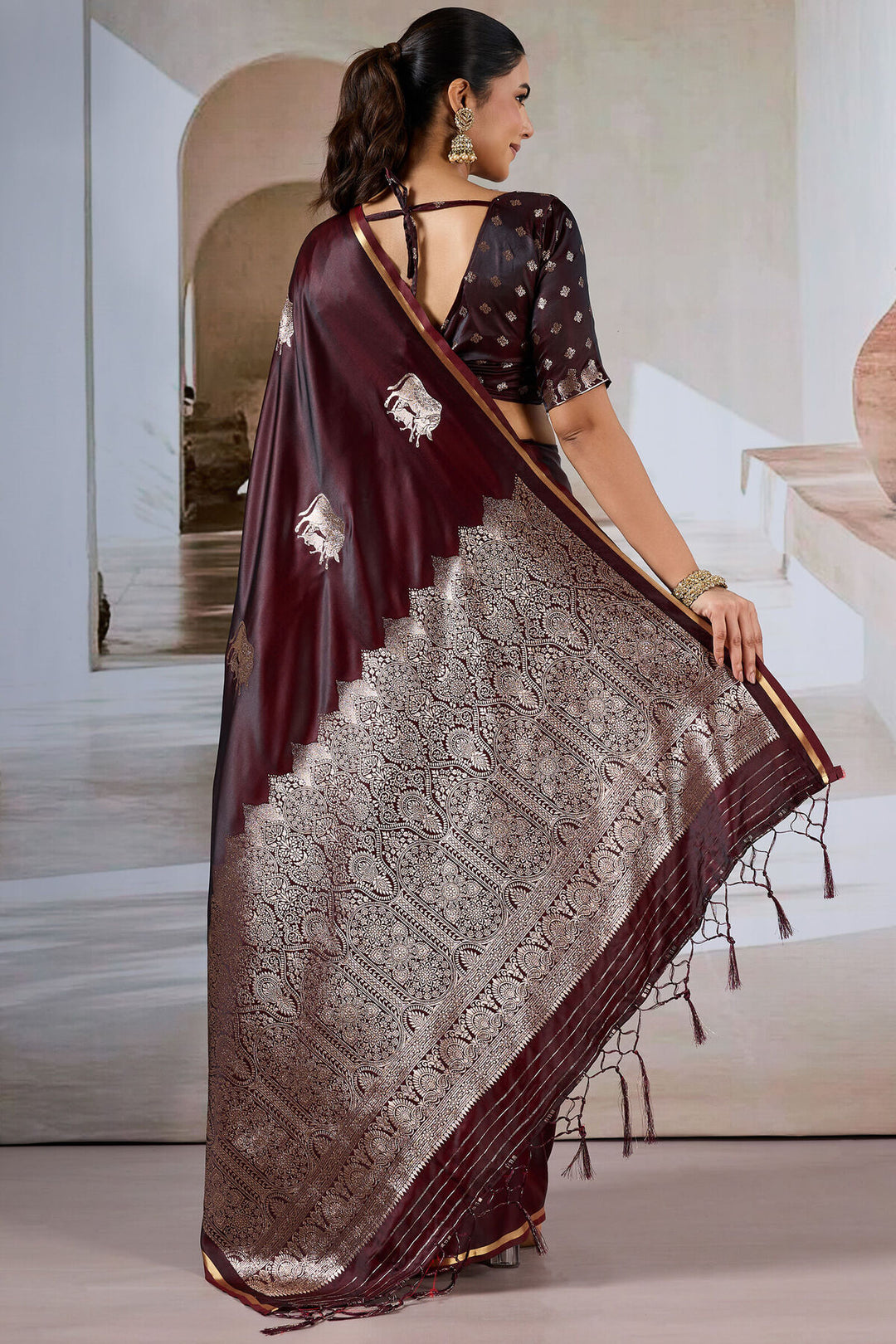 Woody Brown Banarasi Satin Silk Saree