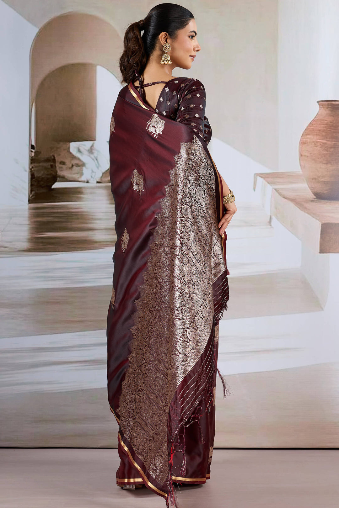 Woody Brown Banarasi Satin Silk Saree