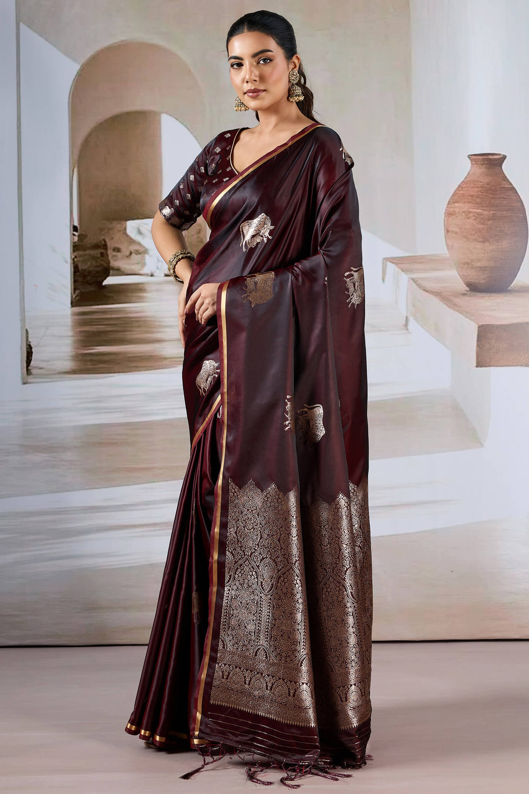 Woody Brown Banarasi Satin Silk Saree