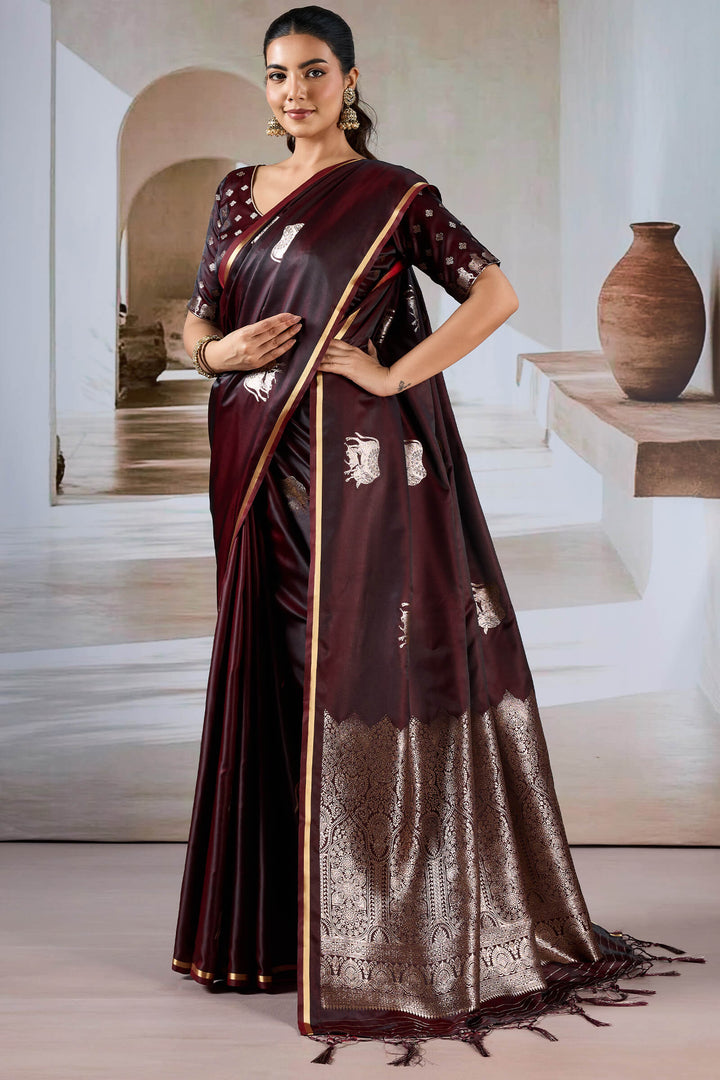 Woody Brown Banarasi Satin Silk Saree