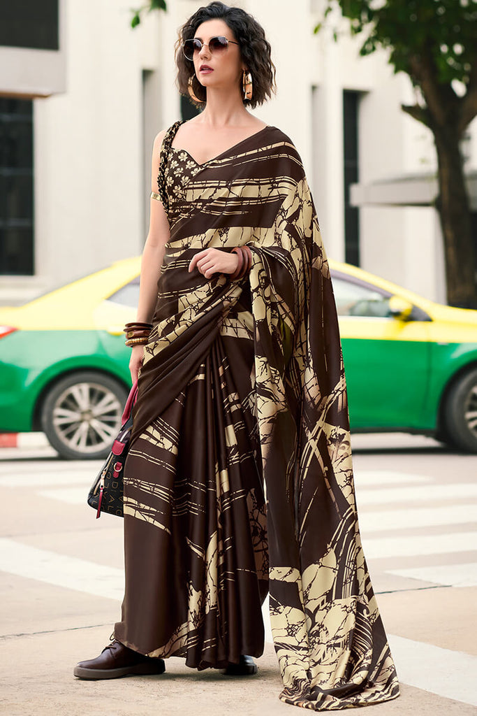 Woody Brown Printed Satin Crape Silk Saree