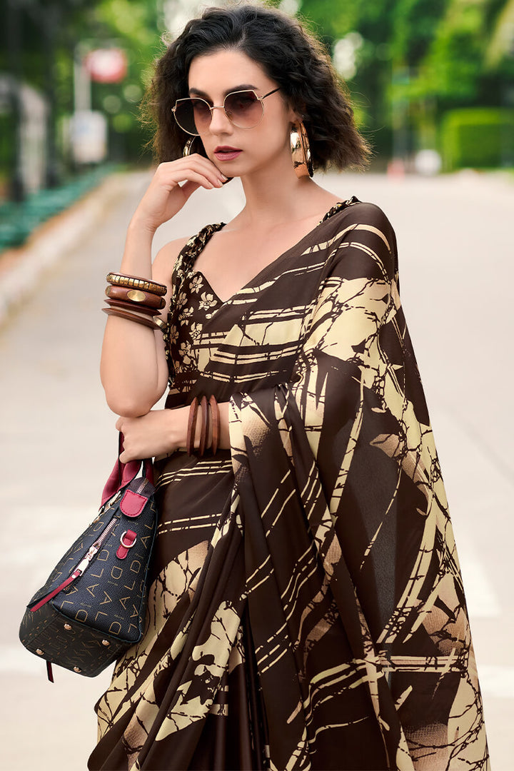 Woody Brown Printed Satin Crape Silk Saree