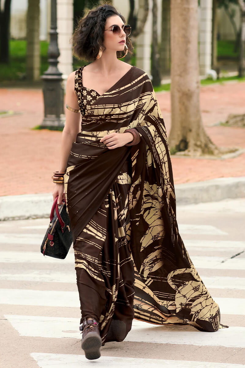 Woody Brown Printed Satin Crape Silk Saree