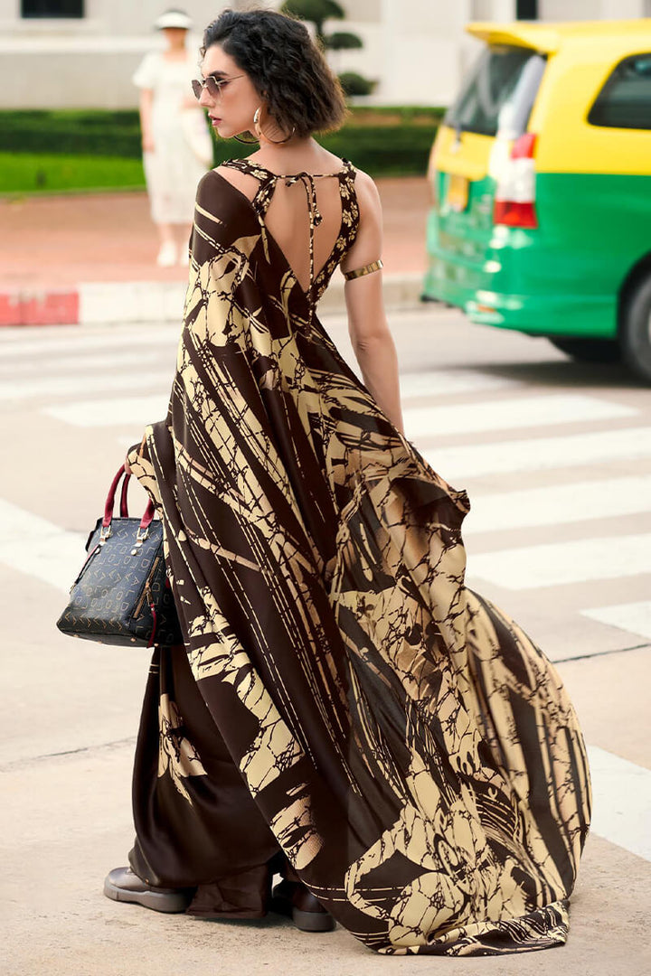 Woody Brown Printed Satin Crape Silk Saree