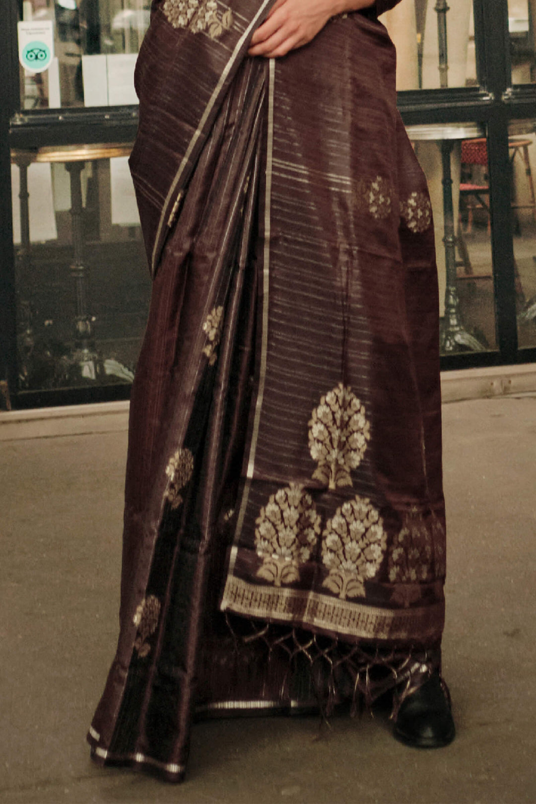 Woody Brown Zari Line Banarasi Satin Silk Saree