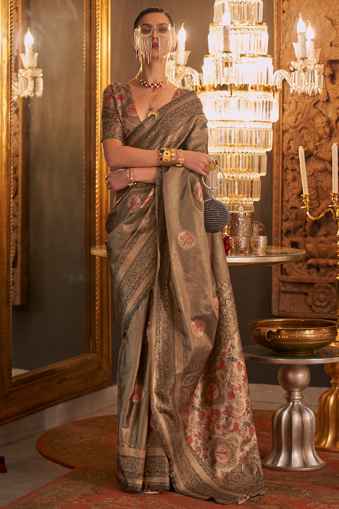 Woody Brown Zari Woven Handloom Banarasi Silk Saree