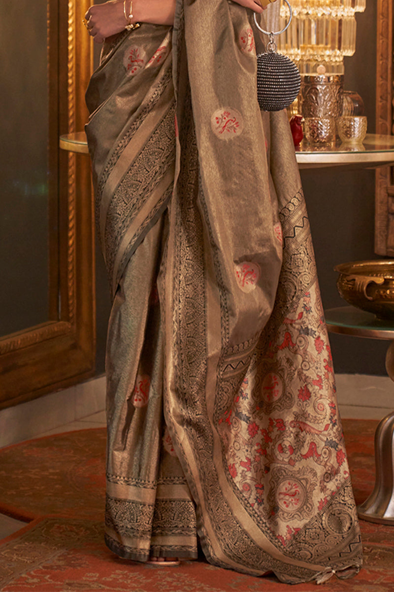 Woody Brown Zari Woven Handloom Banarasi Silk Saree