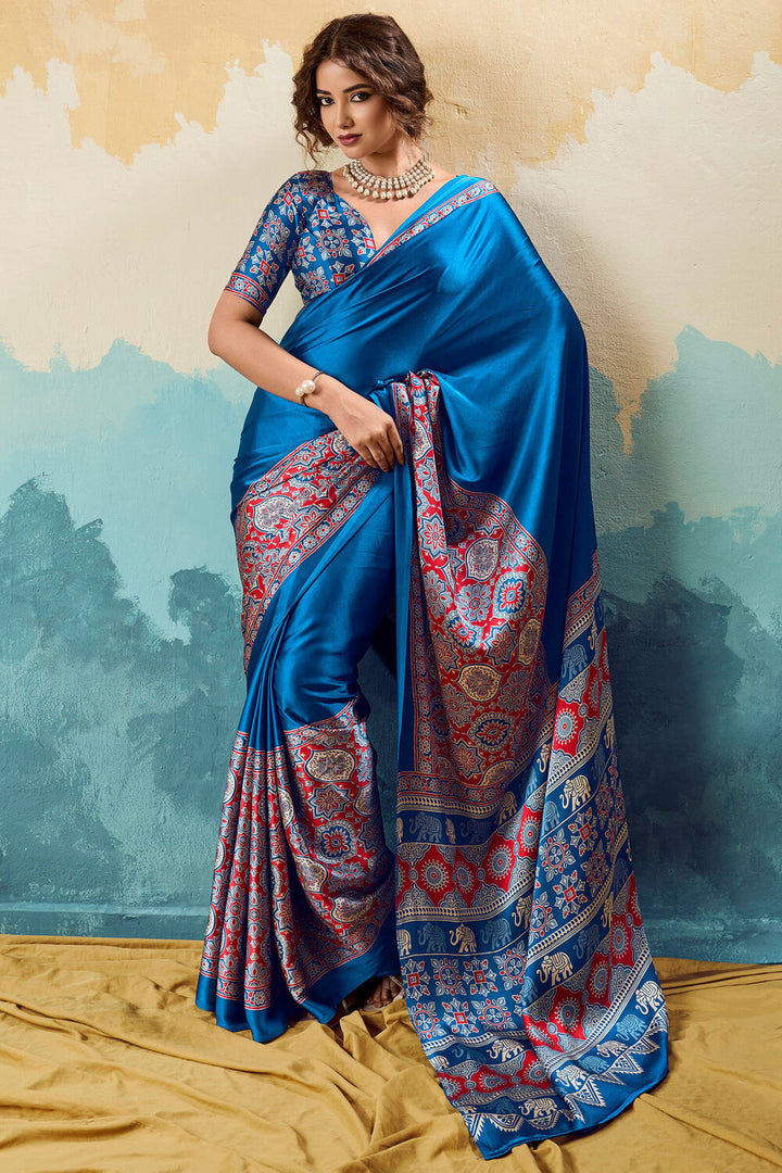 Yale Blue Ajrakh Printed Satin Silk Saree