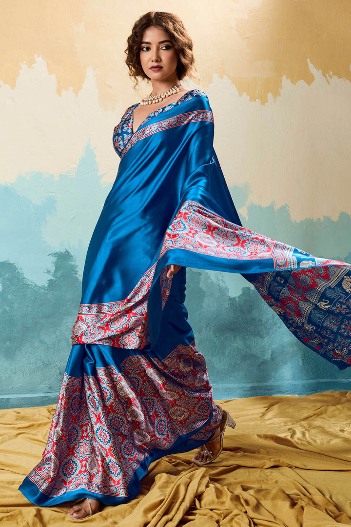 Yale Blue Ajrakh Printed Satin Silk Saree
