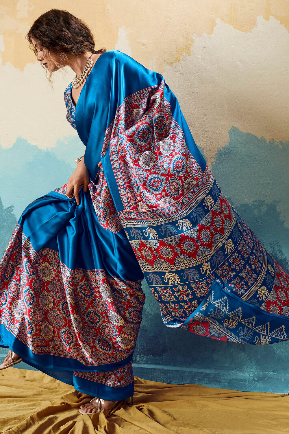 Yale Blue Ajrakh Printed Satin Silk Saree