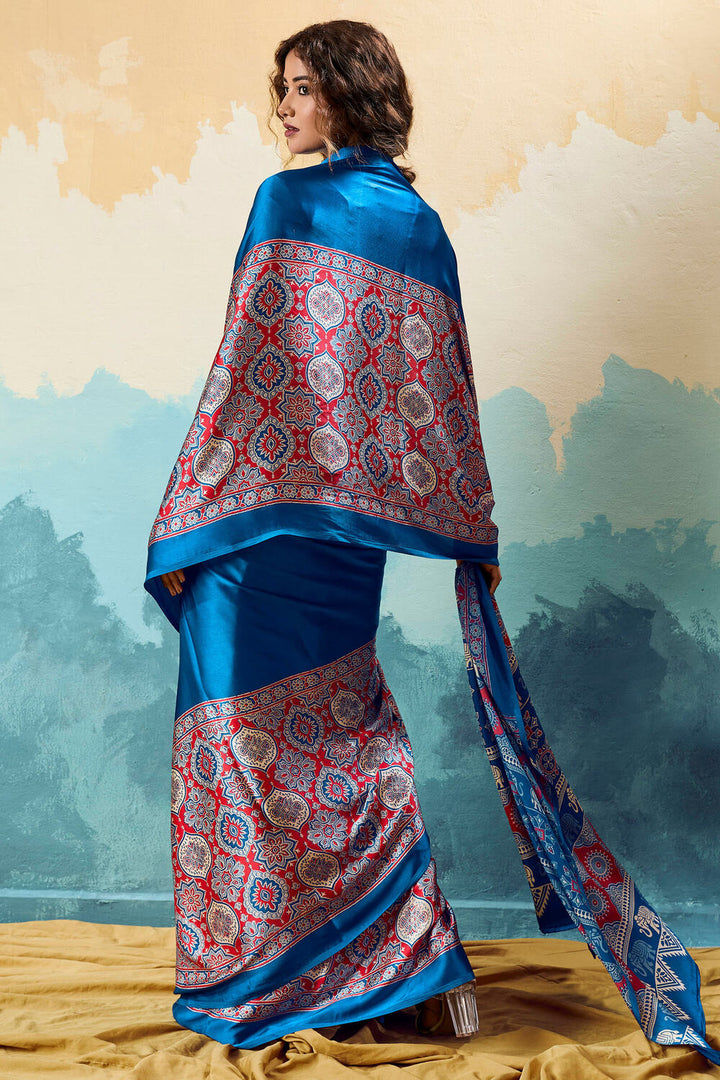 Yale Blue Ajrakh Printed Satin Silk Saree