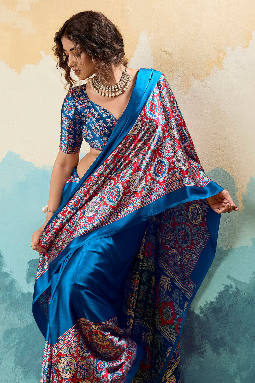 Yale Blue Ajrakh Printed Satin Silk Saree