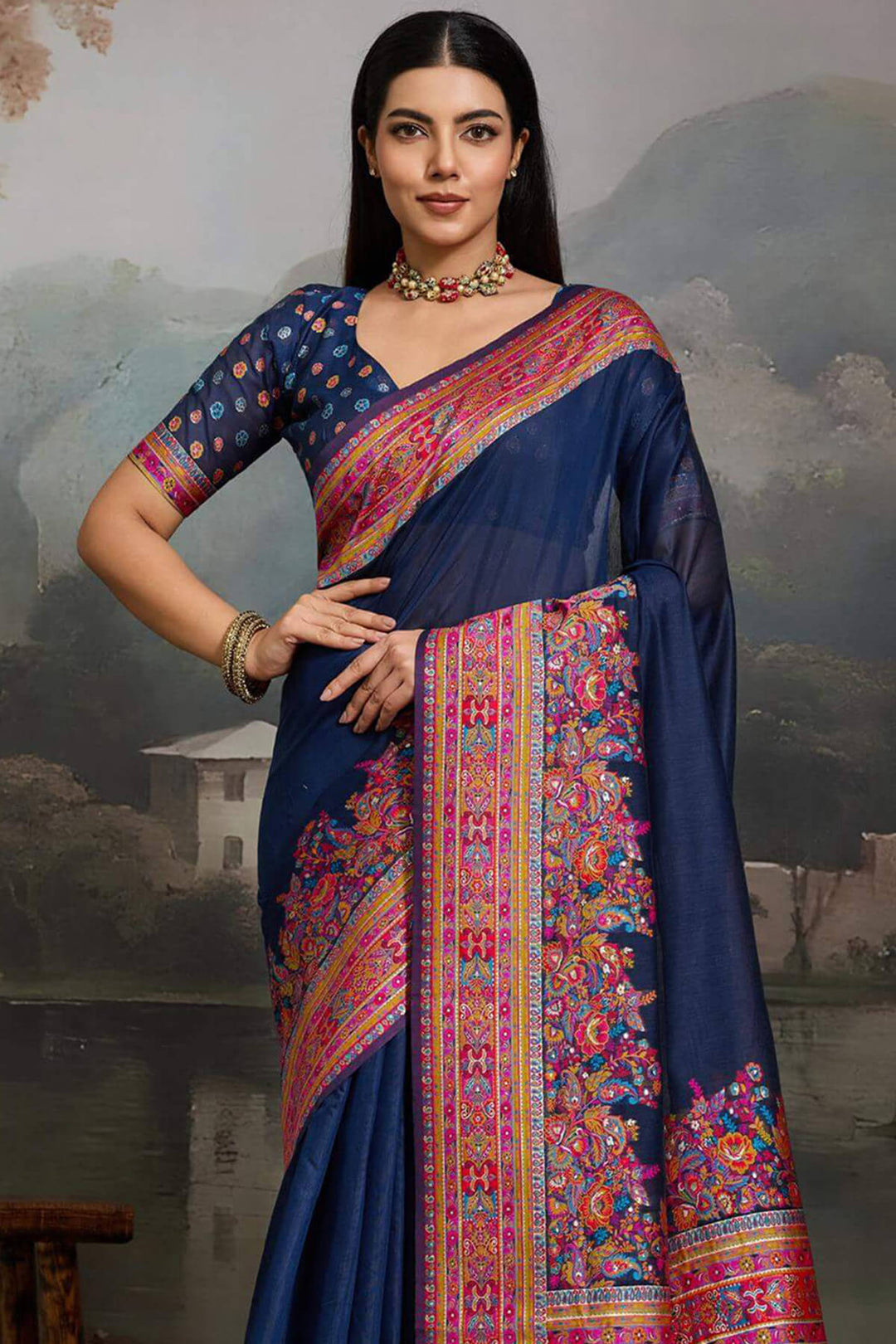 Yale Blue Kashmiri Modal Pashmina Silk Saree