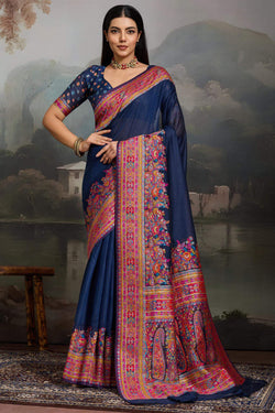 Yale Blue Kashmiri Modal Pashmina Silk Saree