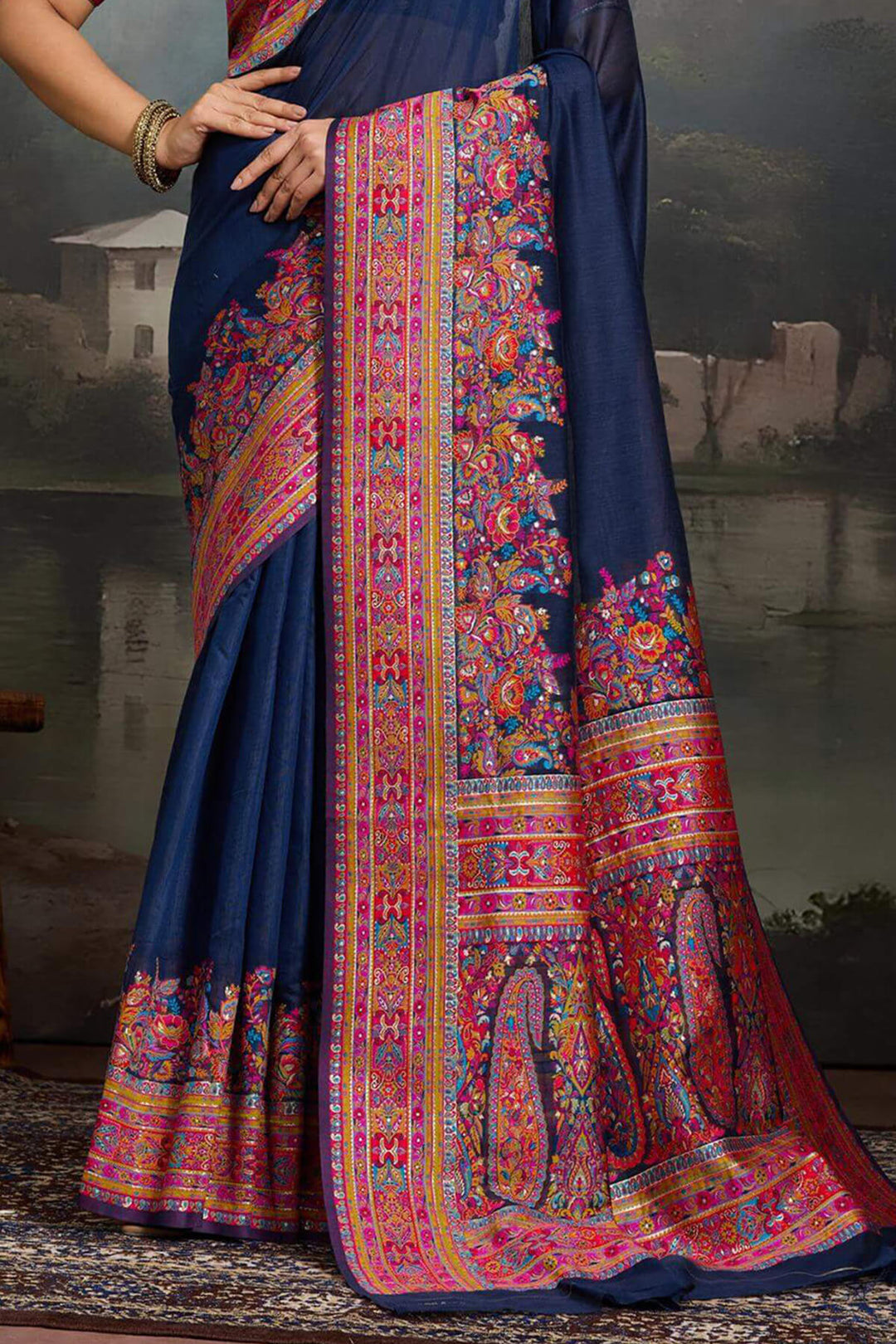 Yale Blue Kashmiri Modal Pashmina Silk Saree
