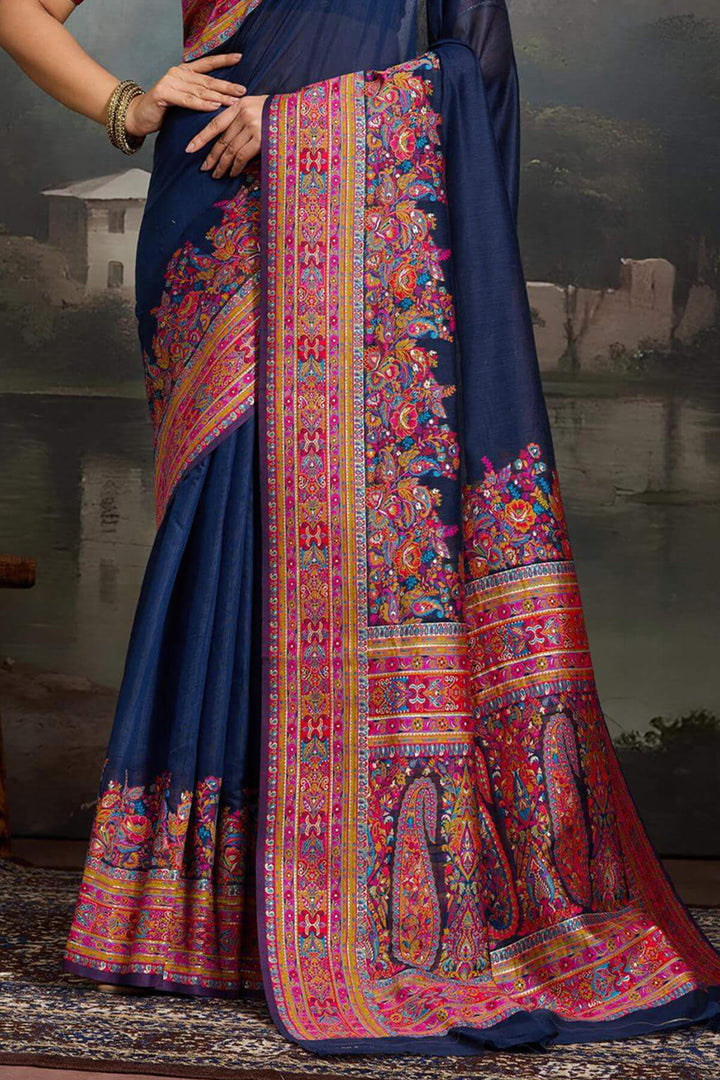 Yale Blue Kashmiri Modal Pashmina Silk Saree
