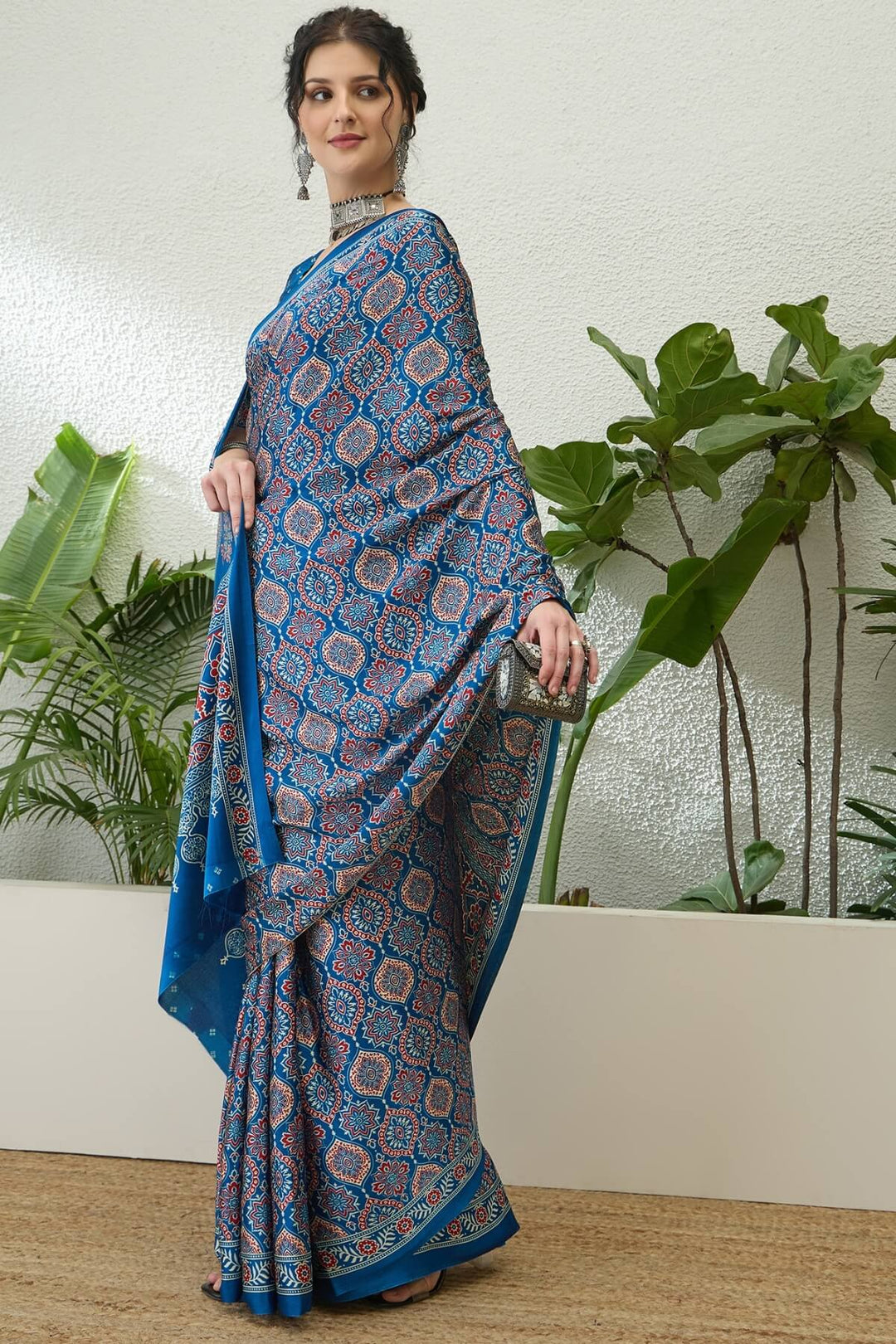 Yale Blue Printed Satin Silk Saree