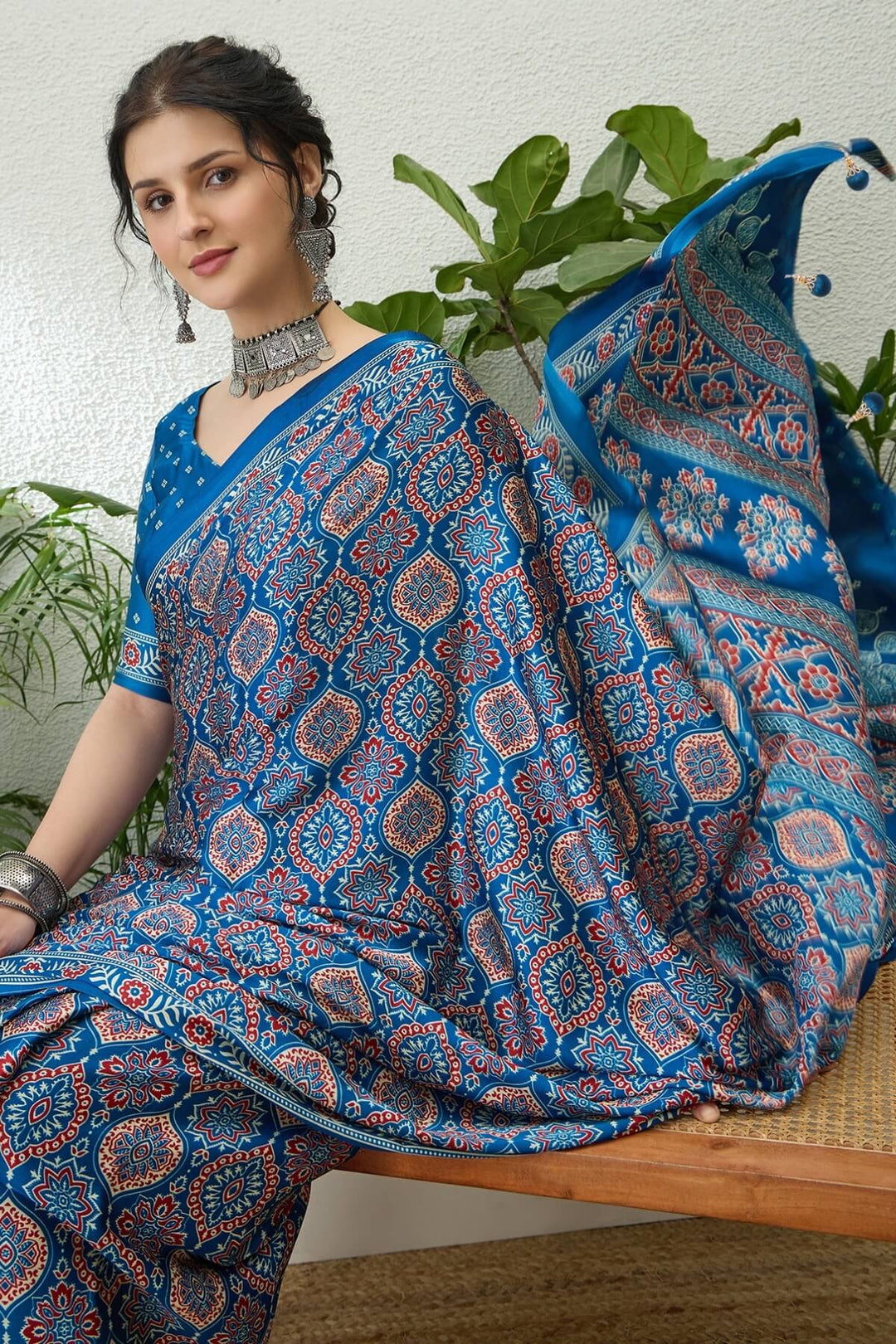 Yale Blue Printed Satin Silk Saree