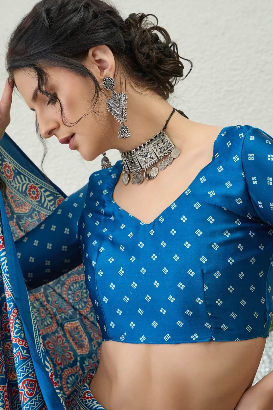 Yale Blue Printed Satin Silk Saree