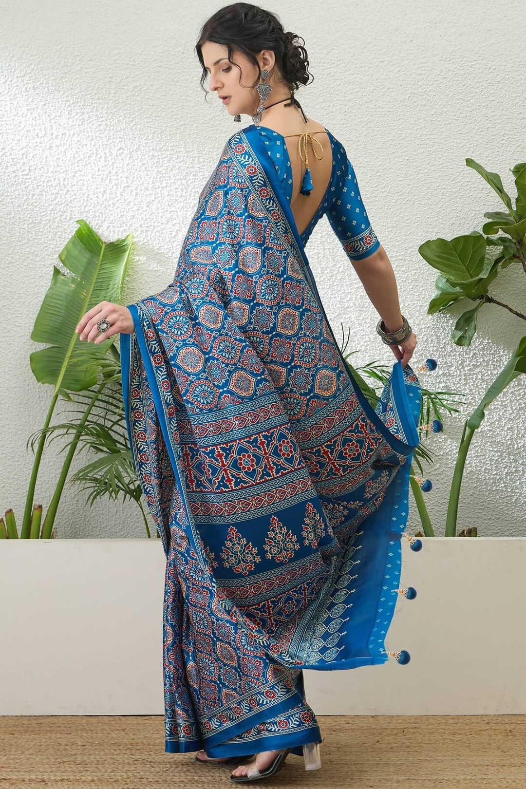 Yale Blue Printed Satin Silk Saree