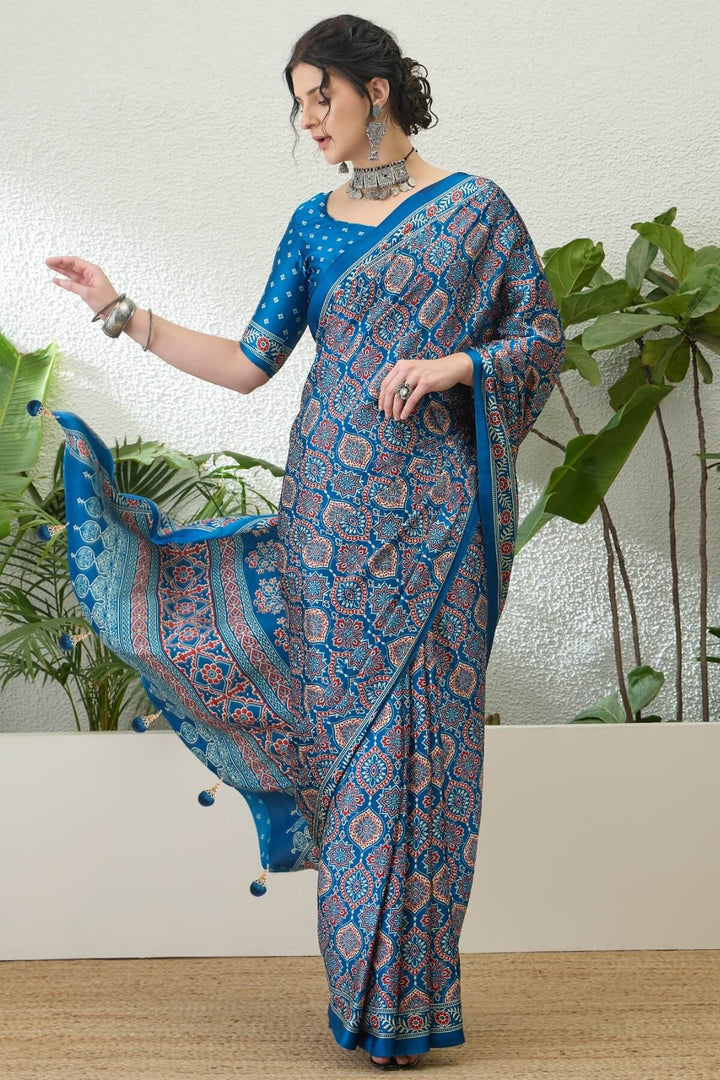 Yale Blue Printed Satin Silk Saree