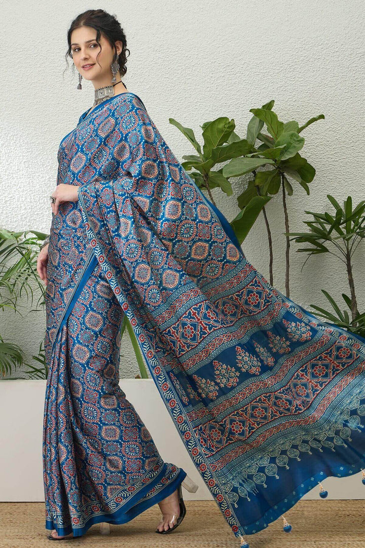 Yale Blue Printed Satin Silk Saree